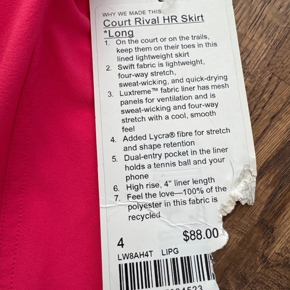 NWT Lululemon Court Rival High Rise Skirt Long Lip Gloss W8AH4T Women's Size 4 L - Picture 3 of 8